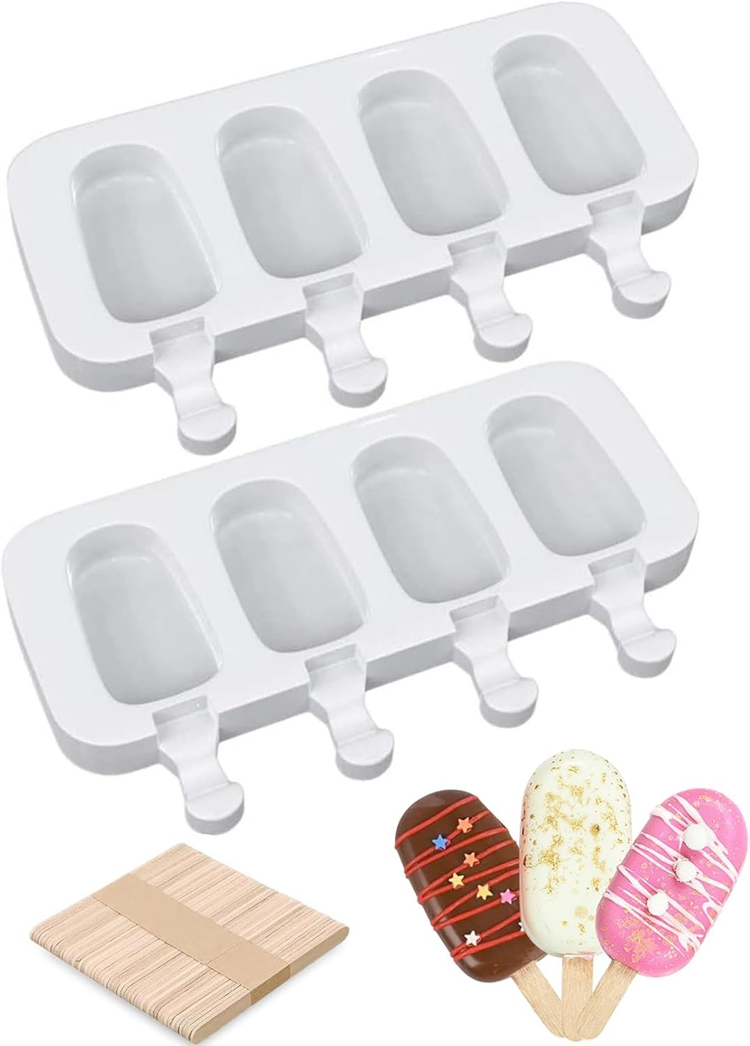 Popsicle Molds Set of 2, Ice Pop Molds Silicone Cake Pop Mold | 4 Cavities Ice Cream Oval Cakesicle Molds with 50 Wooden Sticks for DIY Popsicle, Clear