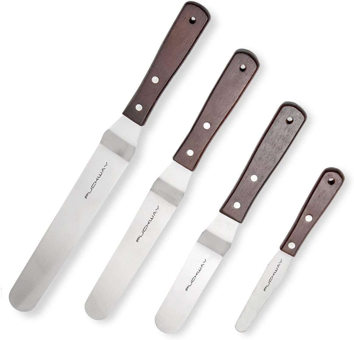 Offset Cake Icing Spatula Set of 4, 4″-6″-8″-10″ | Professional Stainless Steel, Cake Decorating Frosting Spatulas, Flexible Resistant Blade, Wooden Handle For Easy Grip