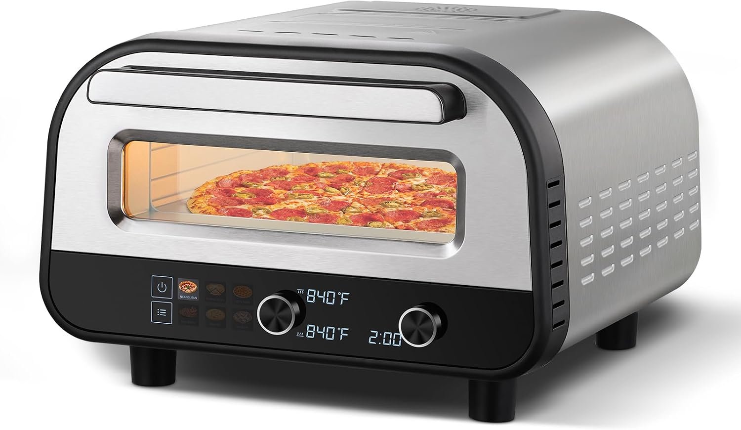 AMZCHEF Indoor Electric Pizza Oven 12-Inch Countertop 840°F Preset/Manual | Stainless steel, 1700W Dual Heating, Compact Design, 6 Presets for Neapolitan, NY-style and Frozen Pizza