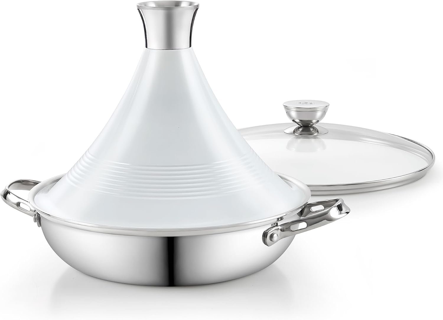 DM Multi-Ply Clad Stainless Steel Tagine Pot, 11 Inch 3.6 Quart Moroccan Clay Tagine Pot Alternative, Traditional Cooking Pot with Die-Cast Aluminum White Conical Lid and Stainless Steel Knob