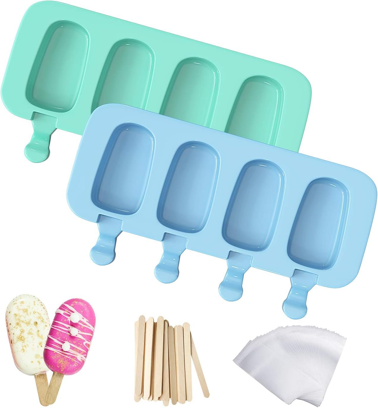 Popsicles Molds, Ozera 2 Pack Homemade Cake Pop Molds Cakesicle Maker Set | Reusable Silicone Ice Pop Cream Maker Cakesicle Molds with 50 Wooden Sticks & 50 Bags