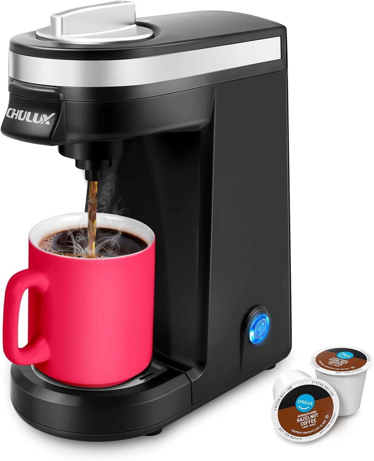 CHULUX Mini Single Serve Coffee Maker for K Pod, Brew Up to 12oz Cup, Black | Fast-Heating Boiler System, Single Cup Brewing, Portable Compact Design, Four-Hole Multi-Stream Needle, Adjustable Drip Tray