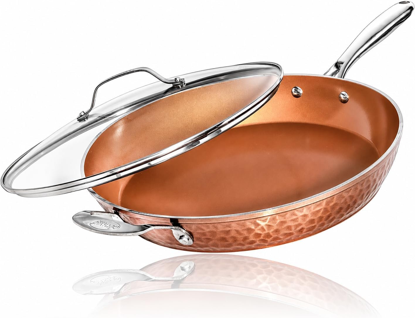 Gotham Steel Hammered Copper 14 Inch Non Stick Frying Pan with Lid, Nonstick Frying Pan with Ceramic Coating and Induction Plate for Even Heating, Oven / Dishwasher Safe, 100% Healthy & Non Toxic | Extra Large Skillet, Induction Compatible, PFOA/PFOS/PTFE Free Ceramic Coating, Stay-Cool Handle, Oven & Dishwasher Safe