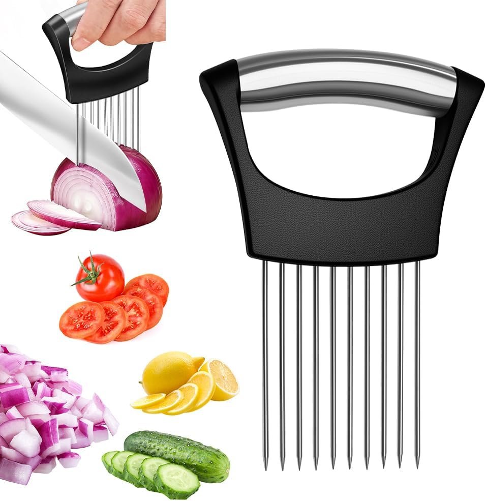 Onion Holder for Slicing, Vegetable Slicer Cutter (1 Pack) | Multifunctional Stainless Steel Onion Slicing Tool for Tomato, Potato, Lemon, Meat, Easy Home Kitchen Chopper Assistant