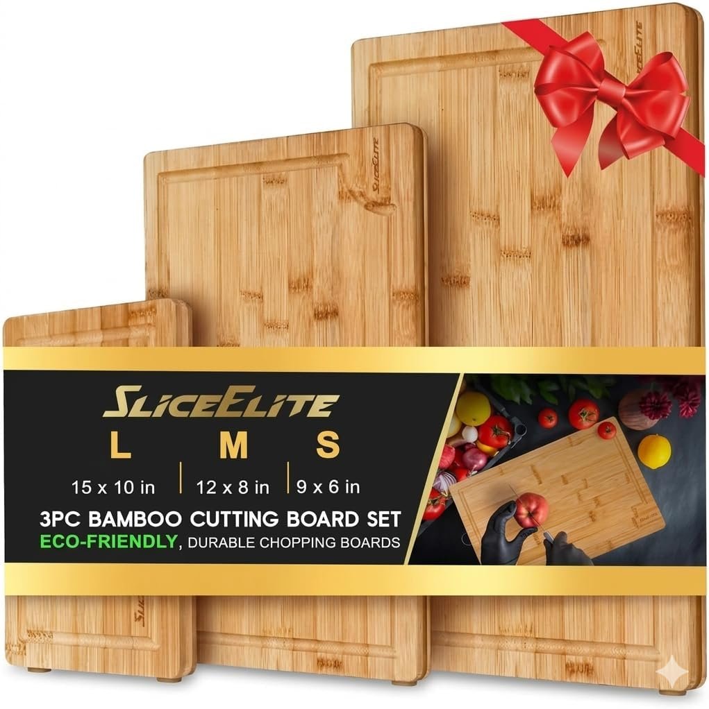 SliceElite Bamboo Cutting Board Set of 3 Wooden Cutting Boards for Kitchen with Juice Grooves Side Handles Bamboo Chopping Boards for Meat Vegetables Fruit Bread Charcuterie Meal Prep Serving Tray Set
