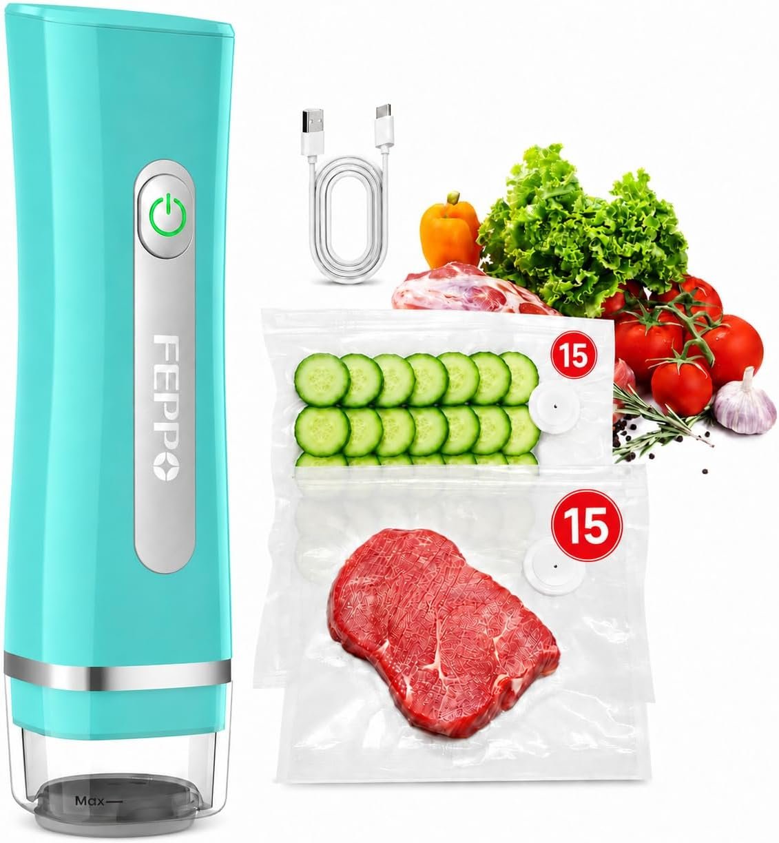 FEPPO Vacuum Sealer for Food with Visible Water Tank, Handheld Saver Compact Vacuum Sealer Machine with 30 Reusable Bags for 6X Preservation & Fresh, Teal