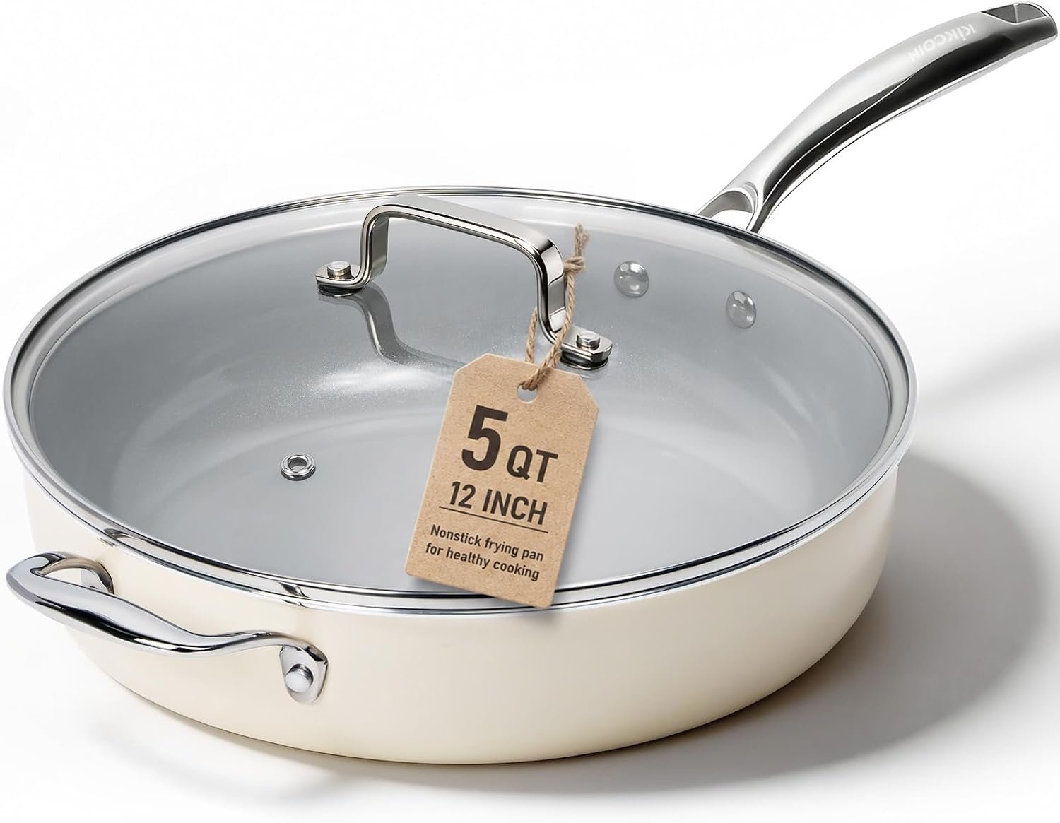 Kikcoin 12 Inch Ceramic Nonstick Frying Pan with Lid, 5 QT Deep Saute Pan for Cooking, Induction Ready Skillet with Stay Cool Handle, PFAS/PTFE/PFOA Free, Oven & Dishwasher Safe