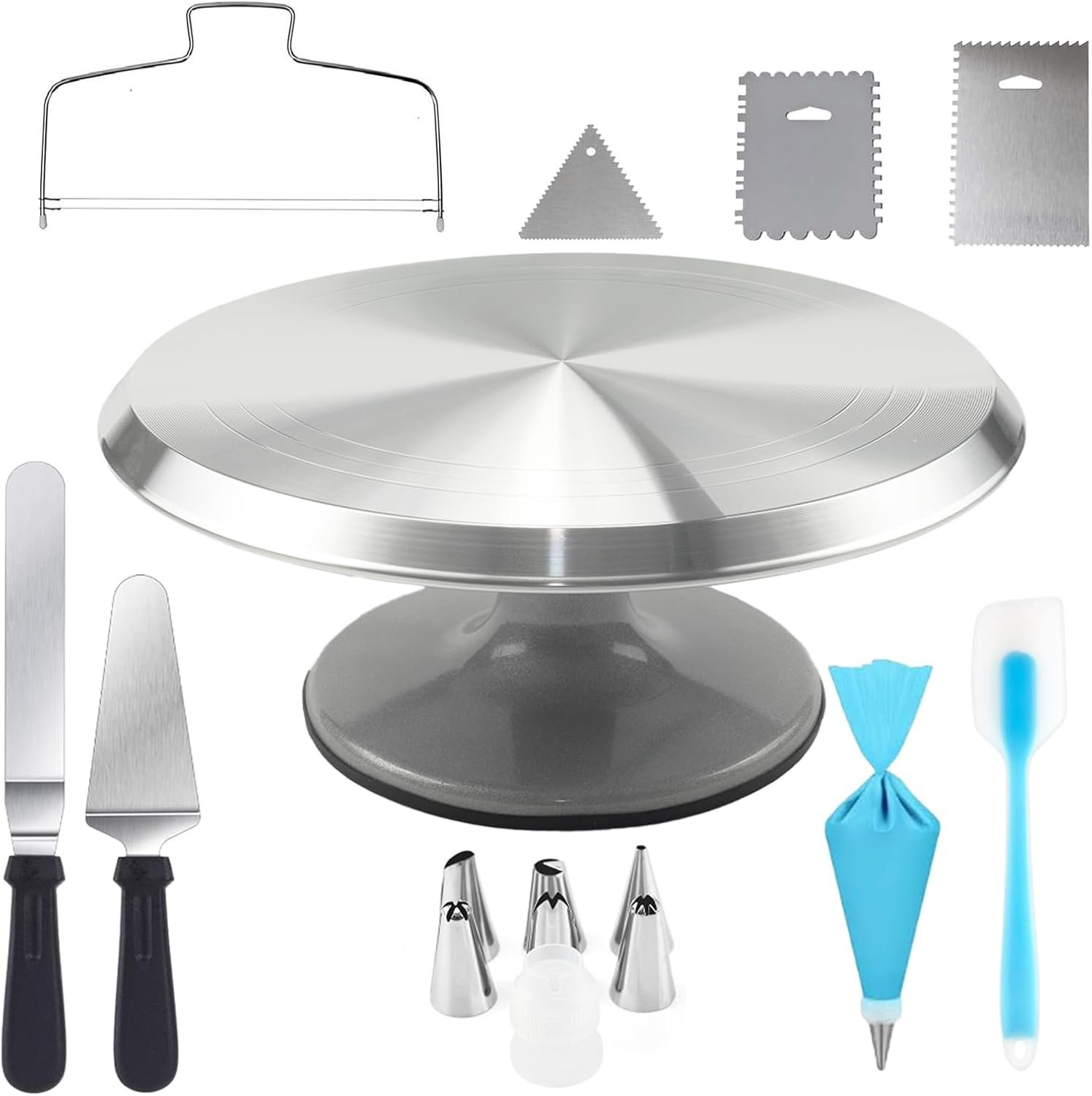 Aluminium Cake Turntable Set with Revolving 12 Inch Cake Stand for Decorating, Offset Spatula, Cake Server, Stainless Steel Frosting Icing Smoother, Pastry Bags and Other Baking Tools（16Pcs）