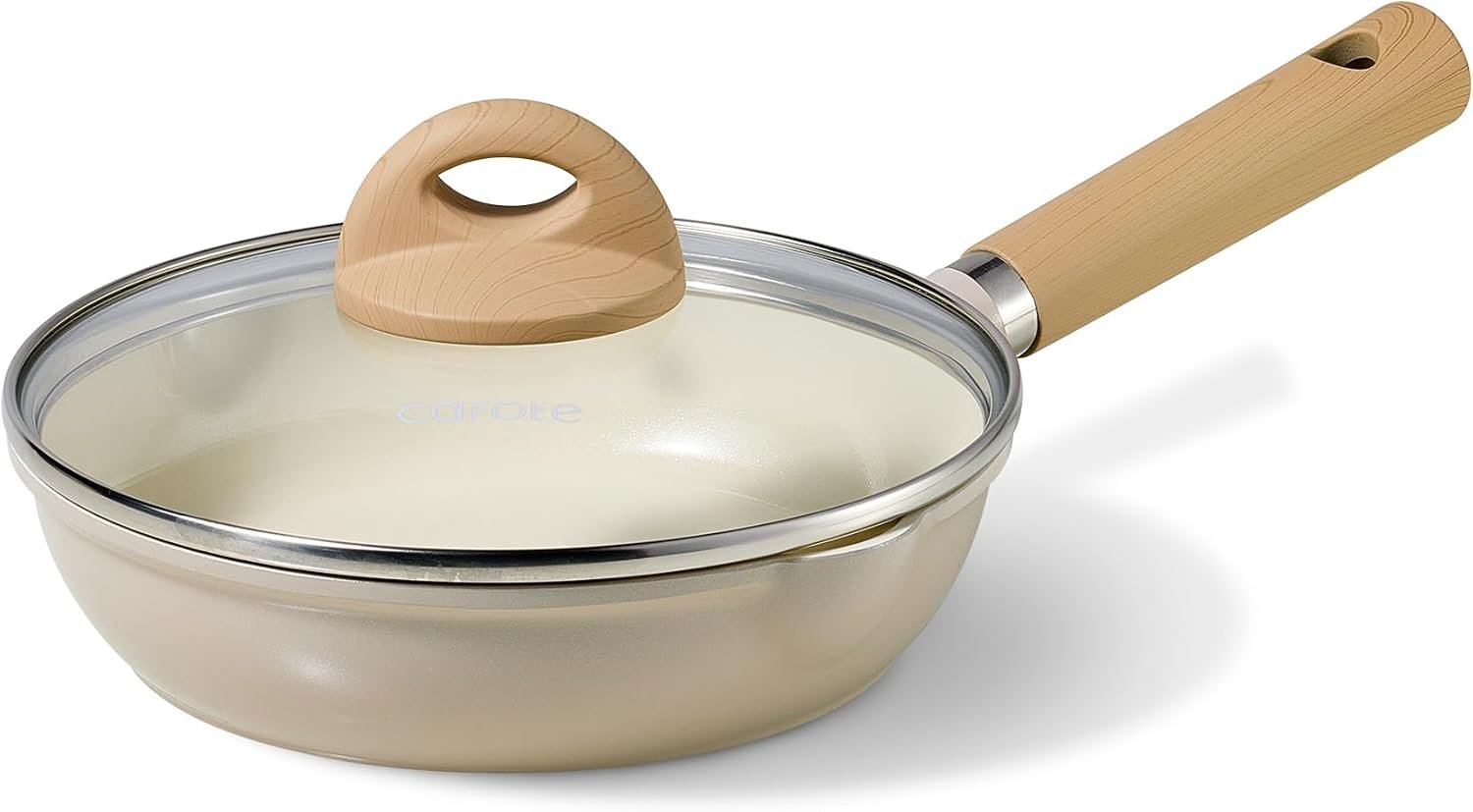 CAROTE 8″ Ceramic Frying Pan with Lid, Non Stick Frying Pan Skillet Chef’s Pan, Healthy & PFOA/PFAS Free, Induction-Compatible, Taupe