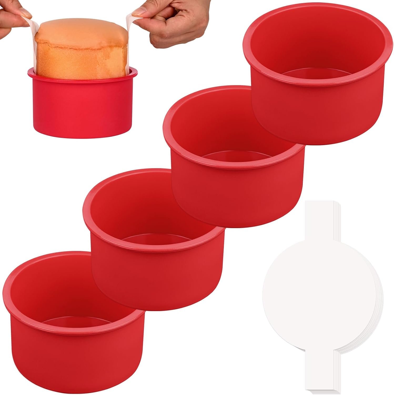 HUAKENER 4 Inch Cake Pan, 4 Pack Silicone Cake Molds with Parchment Paper ﻿ | Nonstick,Easy to Clean,Round Cake Pan with 100 Pieces Parchment Paper for Smash Cakes,Layer Cakes,Cheese Caks,Chocolate Cake