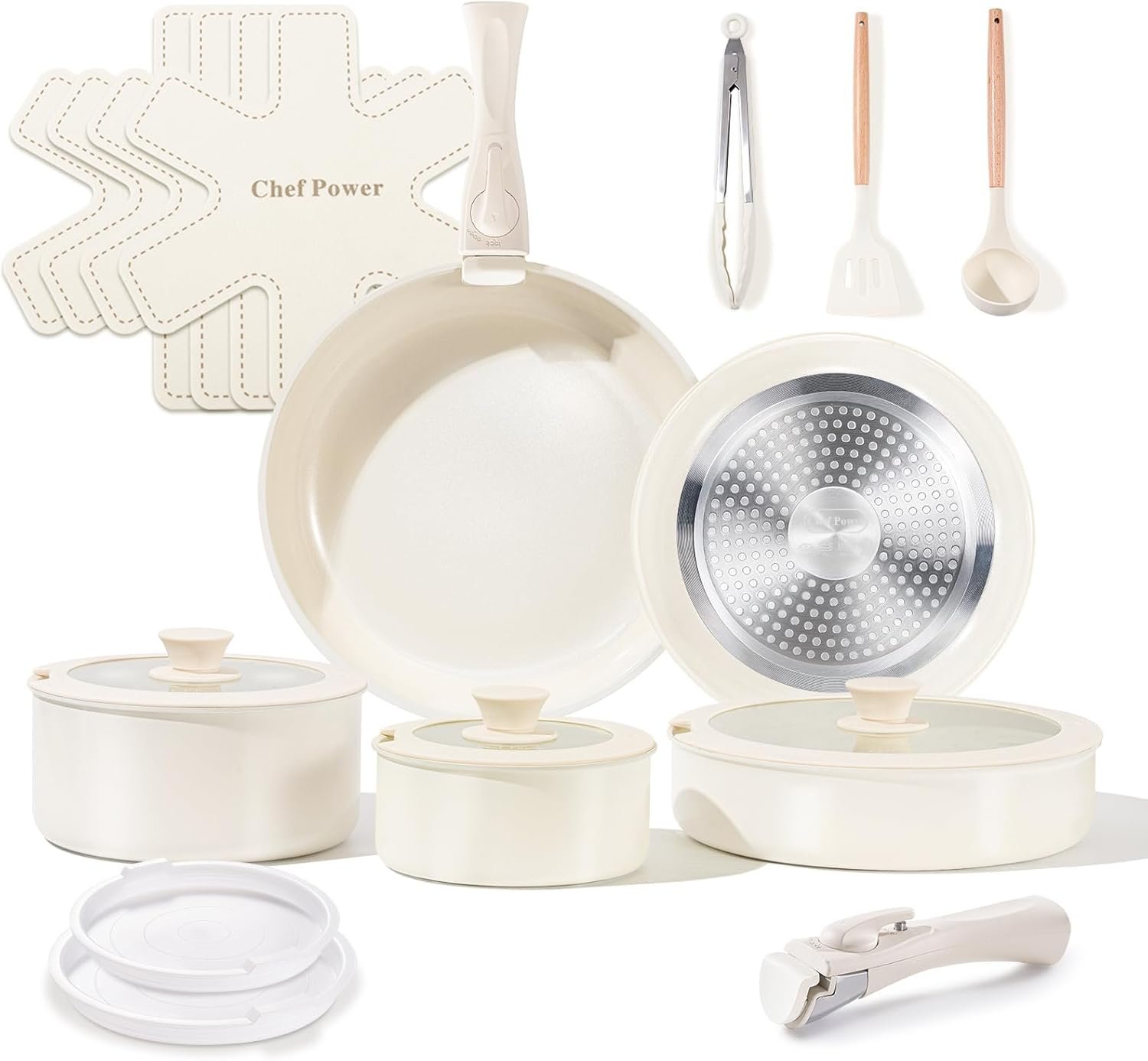 Ceramic Cookware Set Non Toxic with Detachable Handles, Healthy Nonstick Pans and Pots Set 19 Pcs, Induction Dishwasher Oven Safe Kitchen Set, PFAS PFOA & PTFE Free, Cream White