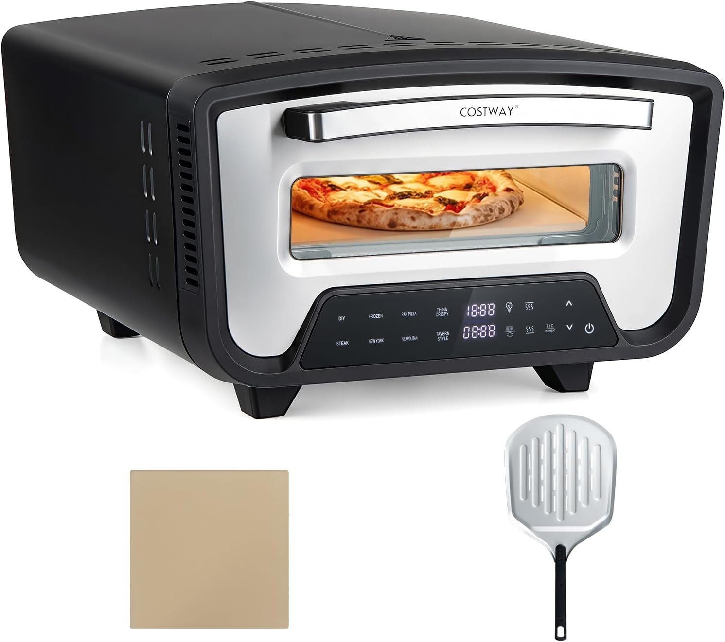 COSTWAY 1700W Indoor Electric Pizza Oven for 12″ Pizzas | Pizza Stone & Peel, Heats up to 850℉ with Multifunctional 8 Presets, 2-Min Baking & 60 Mins Timer, Perfect for Kitchen