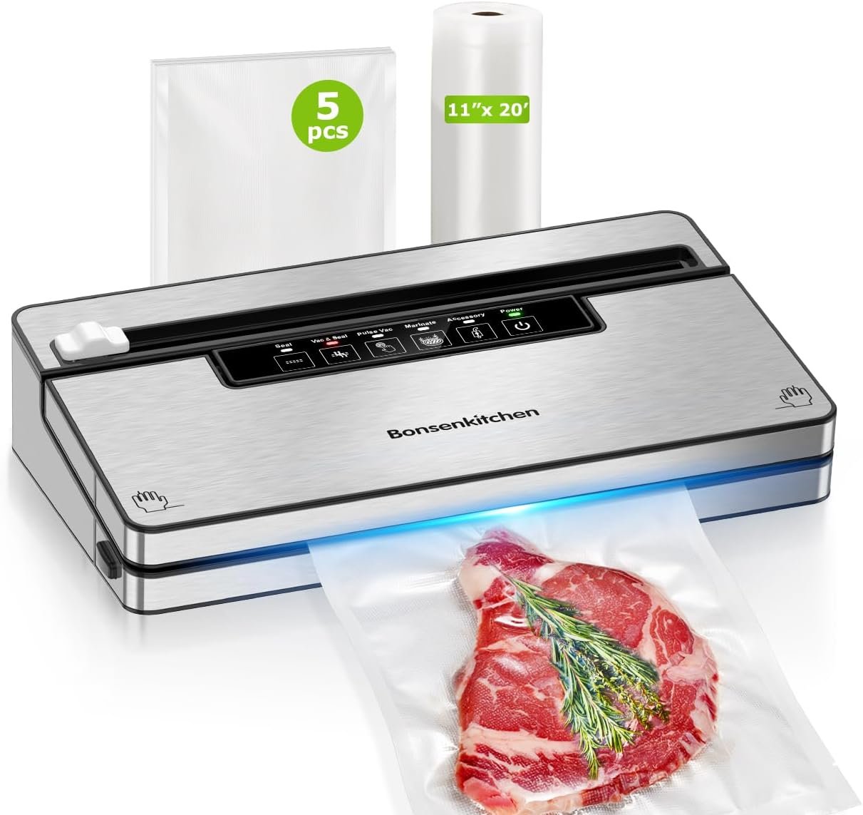 Bonsenkitchen Vacuum Sealer for Food, with Cutter&Bag Storage,Silver Black | 5 Modes Food Vacuum Sealer with Accessory Hose, for Meal Prep, Sous Vide, Bulk Storage,1 Roll & 5 Vacuum Bags