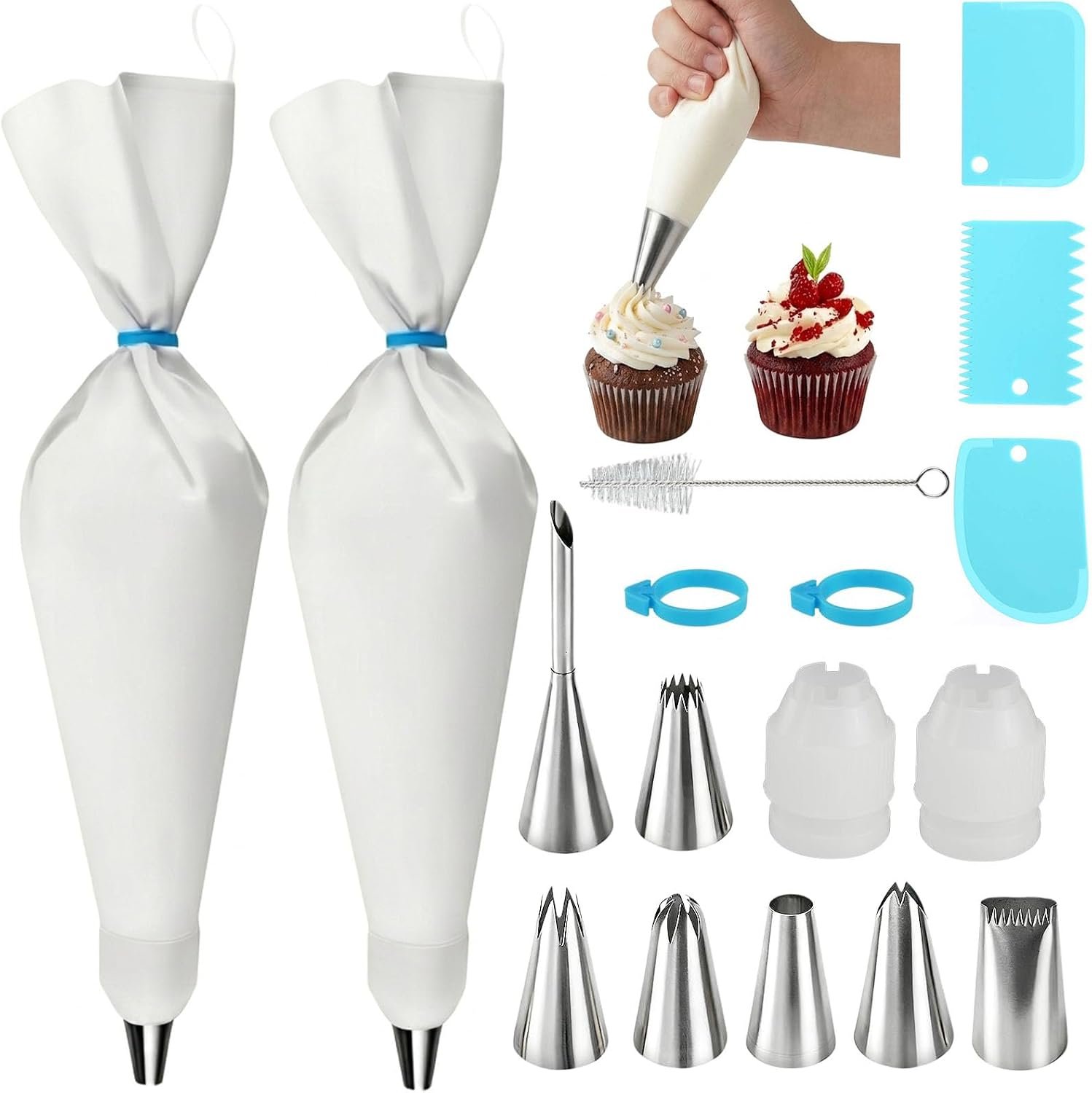 17-Piece Piping Bags and Tips Set, 2 Reusable 16 Inch Cotton Pastry Bags | Beginner-Friendly for Home Bakers Using Icing Bags and Tips to Frost Cakes, Cupcakes, Cookies, Pastries and Desserts at Home