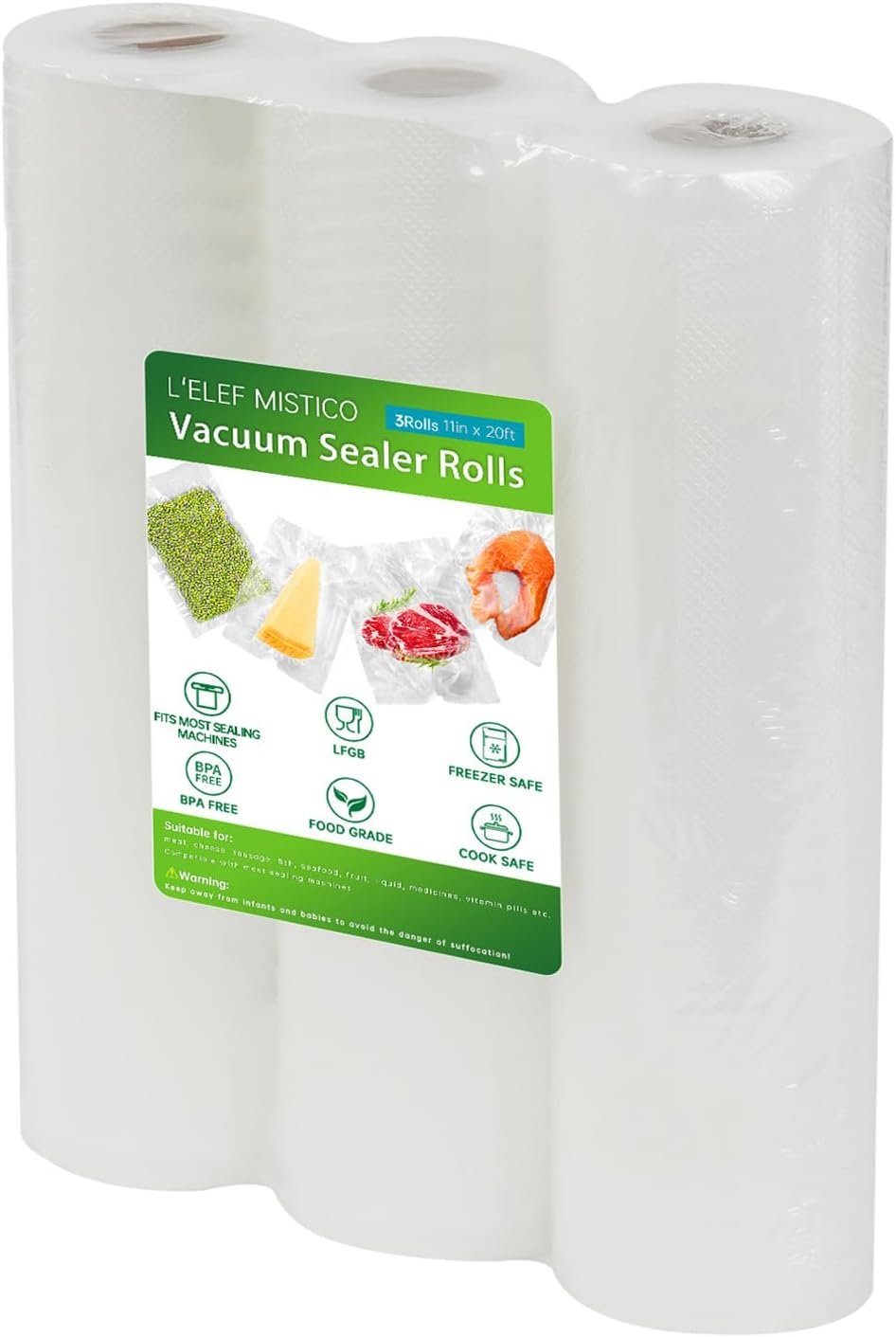 L’ELEF MISTICO Vacuum Sealer Bags for Food, 11”X20′ (3 Rolls) BPA Free Food Saver Bags for Sealer, Customized Size Vacuum Storage Bags for Sous Vide or Meal Prep