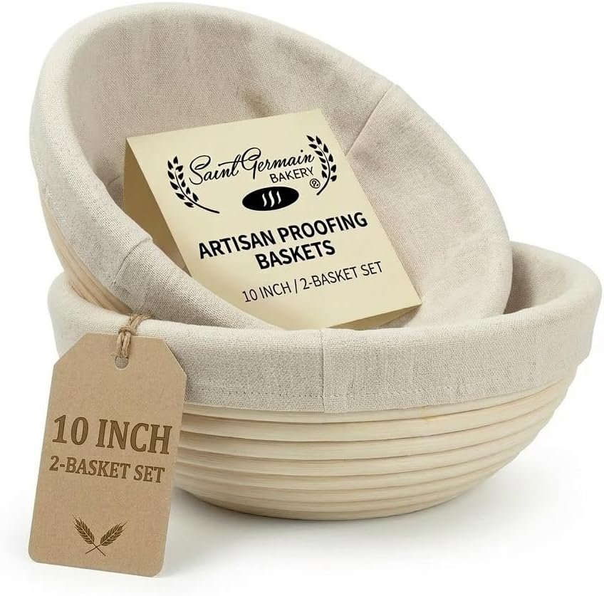 Saint Germain Bakery Premium Banneton Bread Proofing Basket Set – 2 Pack 10 Inch Round Brotform with Liners, Sourdough Bread Baking Basket