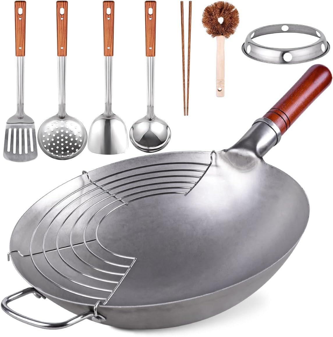 Teewe 13.4″ Carbon Steel Wok Traditional Hand Hammered Round Bottom Wok | Chinese Woks Pan with 8 Pcs Cookware Accessories for Gas Stovetops, Open Fire, BBQ, Camping