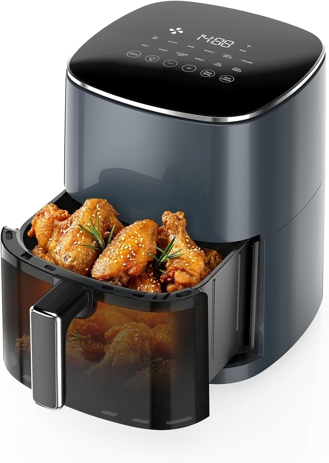 OLIXIS 12-in-1 Air Fryer 6.34 Quarts, Visable Airfryer with Window, 400°F, Roast, Reheat, Dehydrate, Bake, Steam, Fries, Custard, Chicken, Wings, Sea Food, Vegetabels, Grey