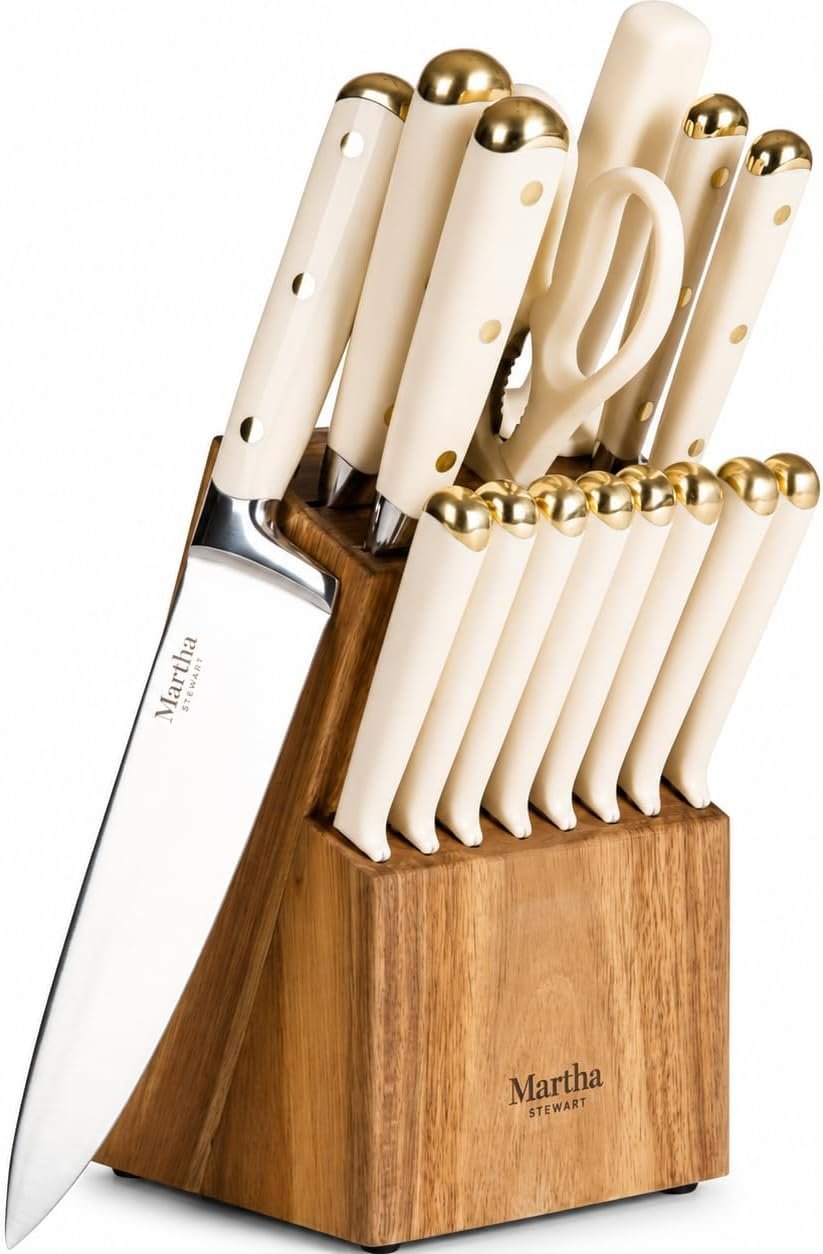 Martha Stewart Knife Block Set 16-Piece – Lockton High Carbon Stainless Steel Forged Full Tang Chef Knives, Acacia Wood Block, Triple Riveted Handles, Linen White & Gold