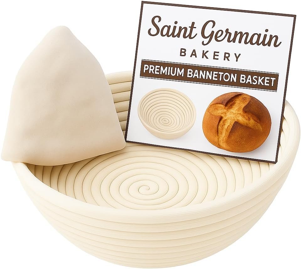 Saint Germain Bakery Premium Round Bread Banneton Basket with Liner – Perfect Brotform Proofing Basket for Making Beautiful Bread (9 inch)