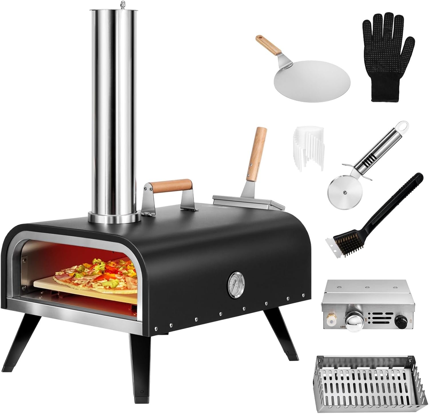 Pizza Oven Outdoor Wood Fired and Gas Pizza Oven 12 Multi-Fuel Pizza Oven, Portable Pizza Maker Oven Grill for Outside Backyard, with Gas Burner, Wood Tray, oven gloves, Peel, and Cutter