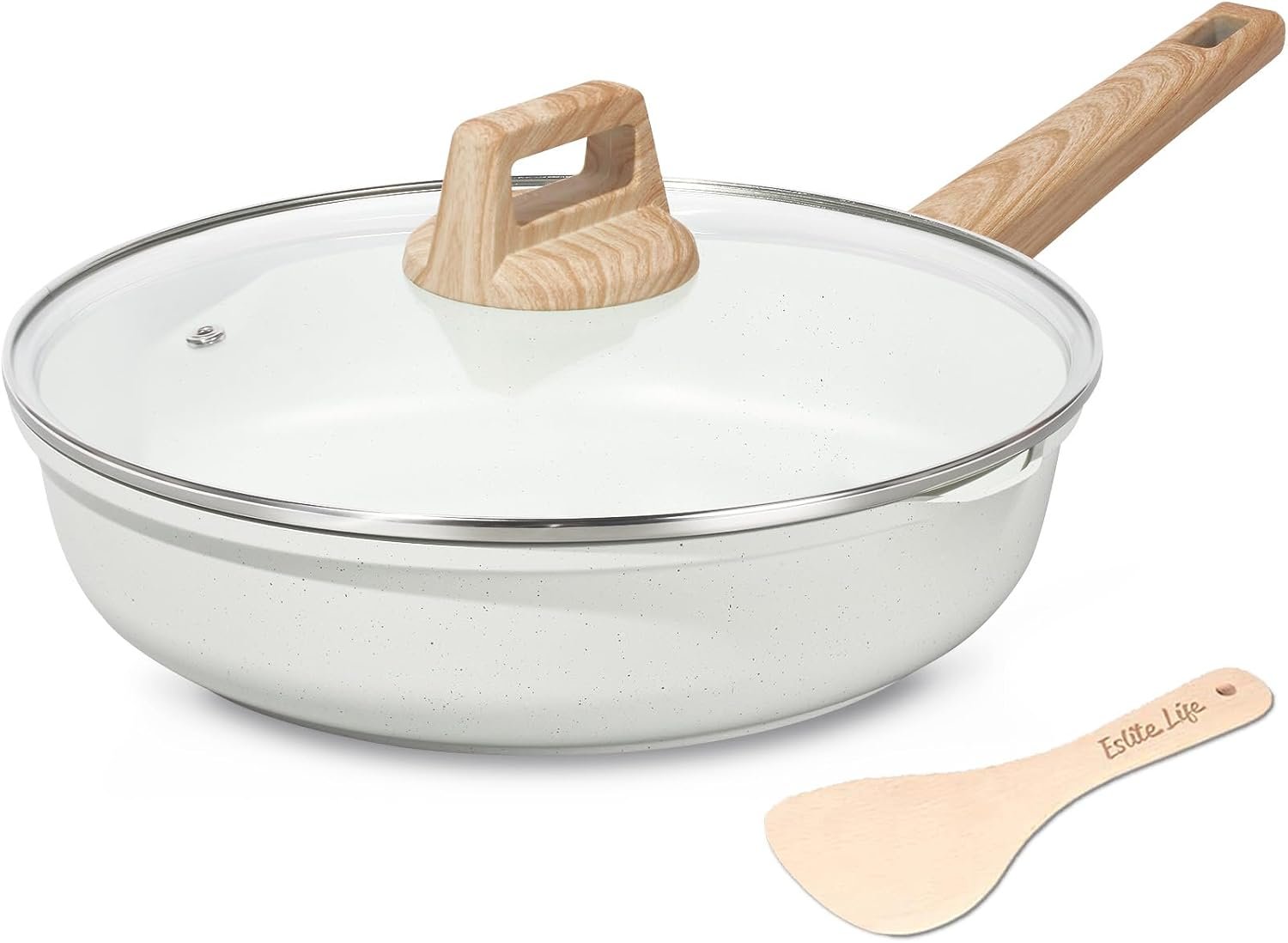 ESLITE LIFE Nonstick Ceramic Frying Pan Skillet with Lid, Non-Toxic Egg Omelette Kitchen Cooking Pans Compatible with All Stovetops (Gas, Electric & Induction), PTFE & PFOA Free (White, 8″ w/Lid)