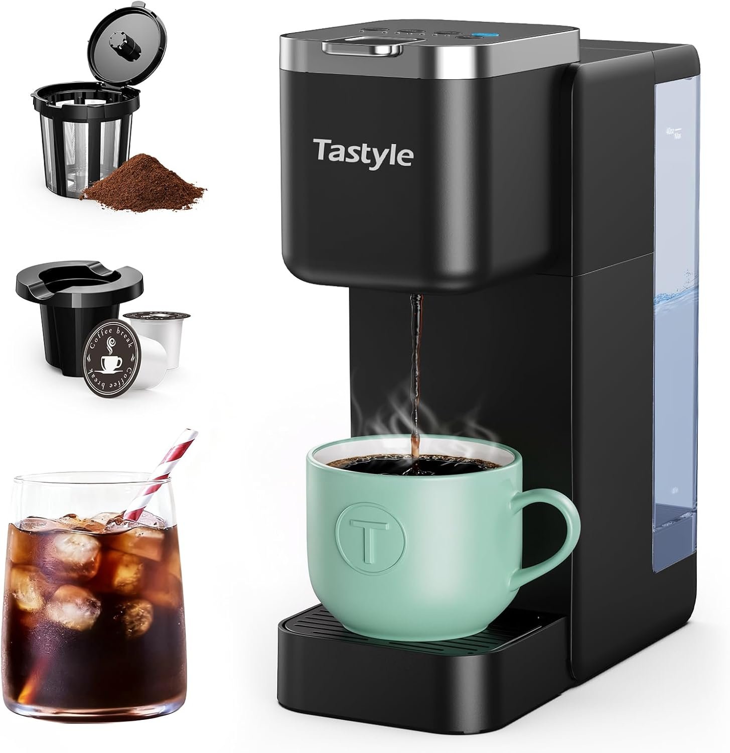 Tastyle Single Serve Coffee Maker for K Cups and Grounds with 3 Brew Styles | 40oz Removable Water Tank, 6 to 24oz Brew Size, Compact Design, Fits 7.3″ Travel Mug, for Home, RVs and Office, K330IC, Black