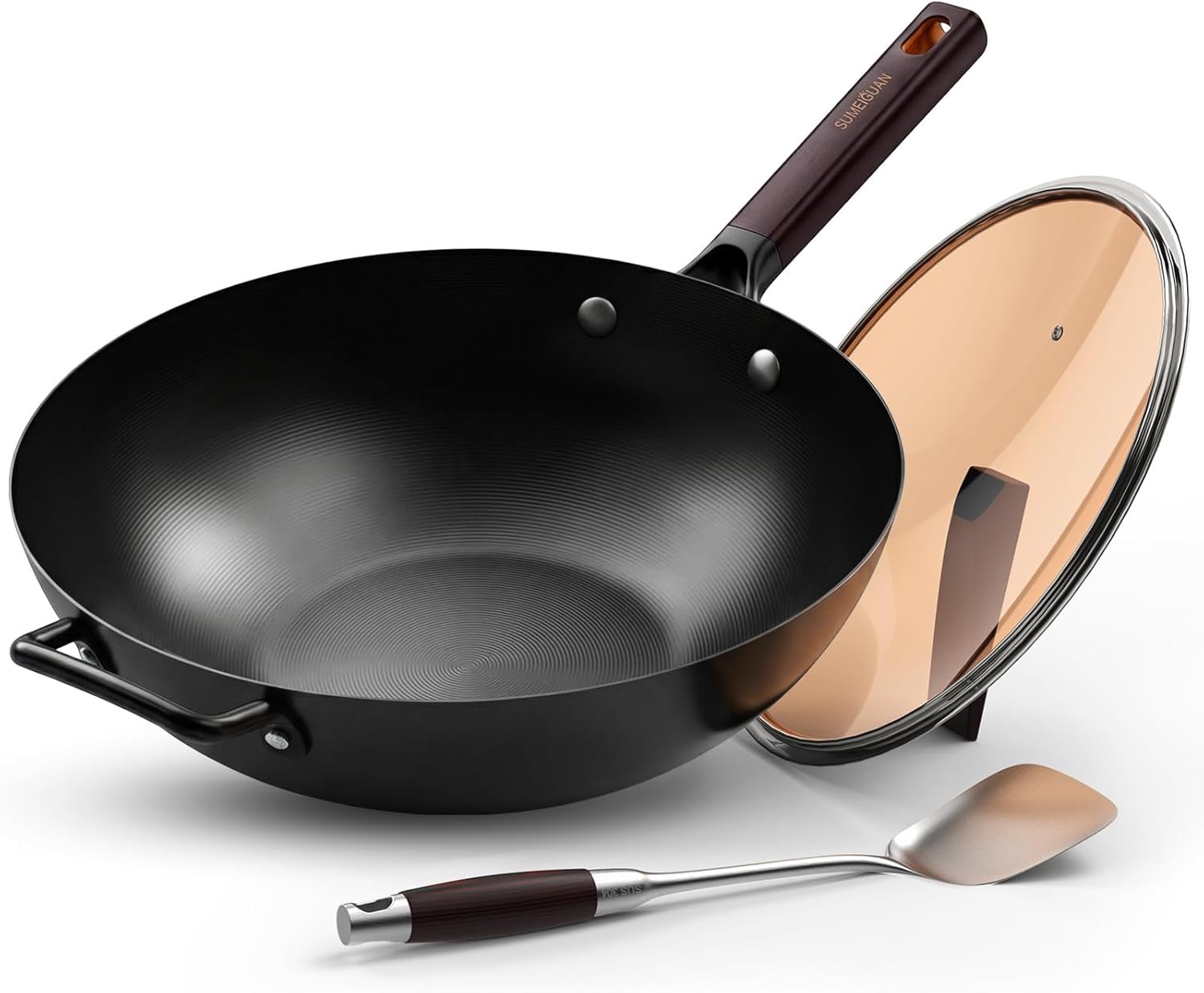 13.5″ Carbon Steel Wok Pan – Pre-Seasoned Flat Bottom Woks & Stir-fry Pans Chinese Cookware with Lid & Spatula – For Pan-fry,Stir Fry, Steam, BBQ & Camping – Compatible with Induction, Gas
