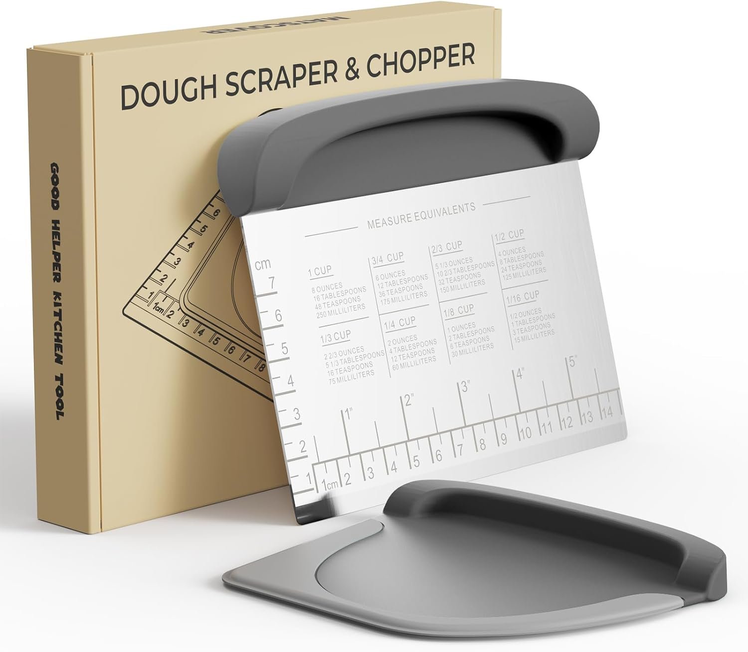 Bench Scraper Dough Scraper Bowl Pastry Scraper for Bread Cake Pizza | Kitchen Scraper, Dishwasher Safety, Stainless Steel Silicone Kit, Food Scraper, with Grip Handles & Measuring Scal, Grey