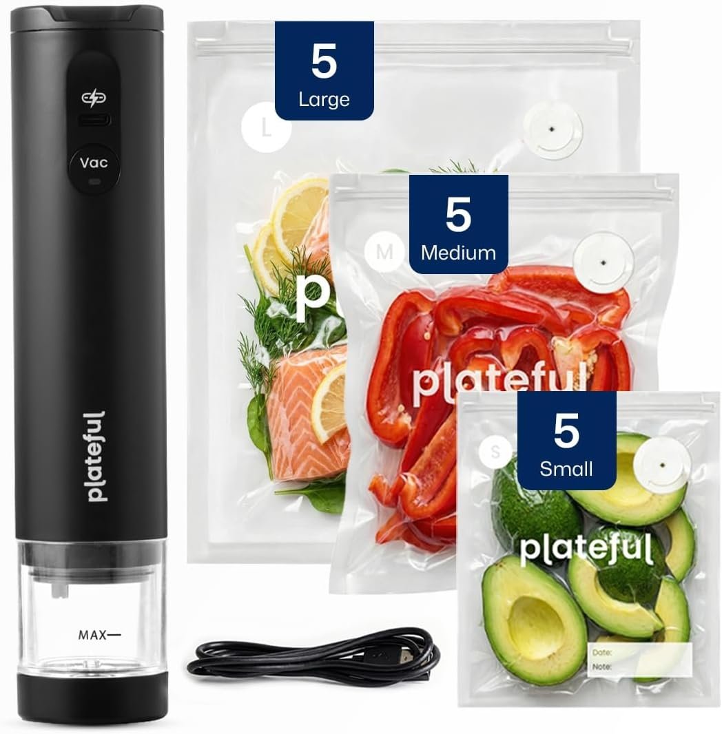 VacuSeal Handheld Vacuum Sealer for Food (15 Bags Included) – Rechargeable, Portable Cordless Food Vacuum Bag Sealer Machine, One-Touch, Compact Mini Seal for Storage, Sous Vide & Freezer Preservation