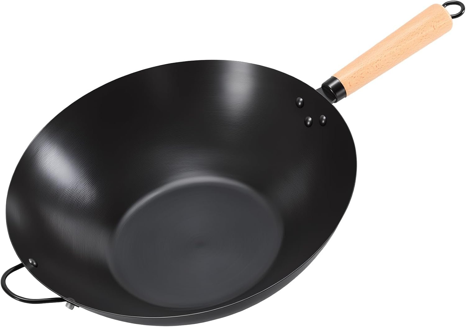 Sweetcrispy 13.5 Inch Carbon Steel Wok Pan, Pre-Seasoned Flat Bottom No Chemical Coating Pow Wok, Compatible with Induction, Electric, Gas and Open Fire, Ideal for Home Cooking and Camping, Black