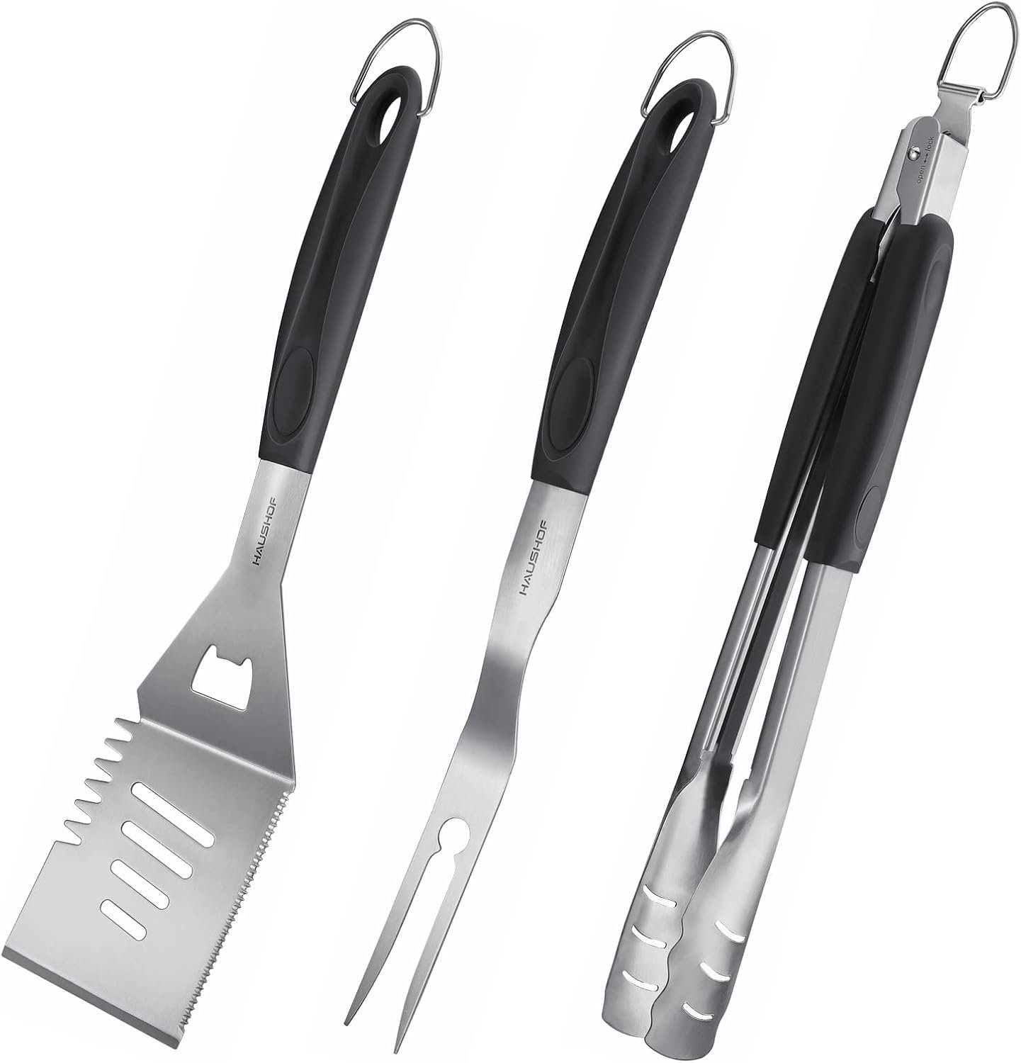 HAUSHOF Large Grill Accessories Heavy Duty BBQ Set Gifts for Men/Women – Premium Stainless Steel Spatula, Fork & Tongs, Barbecue Utensils Tool Kit Gift for Grilling Lover Outdoor
