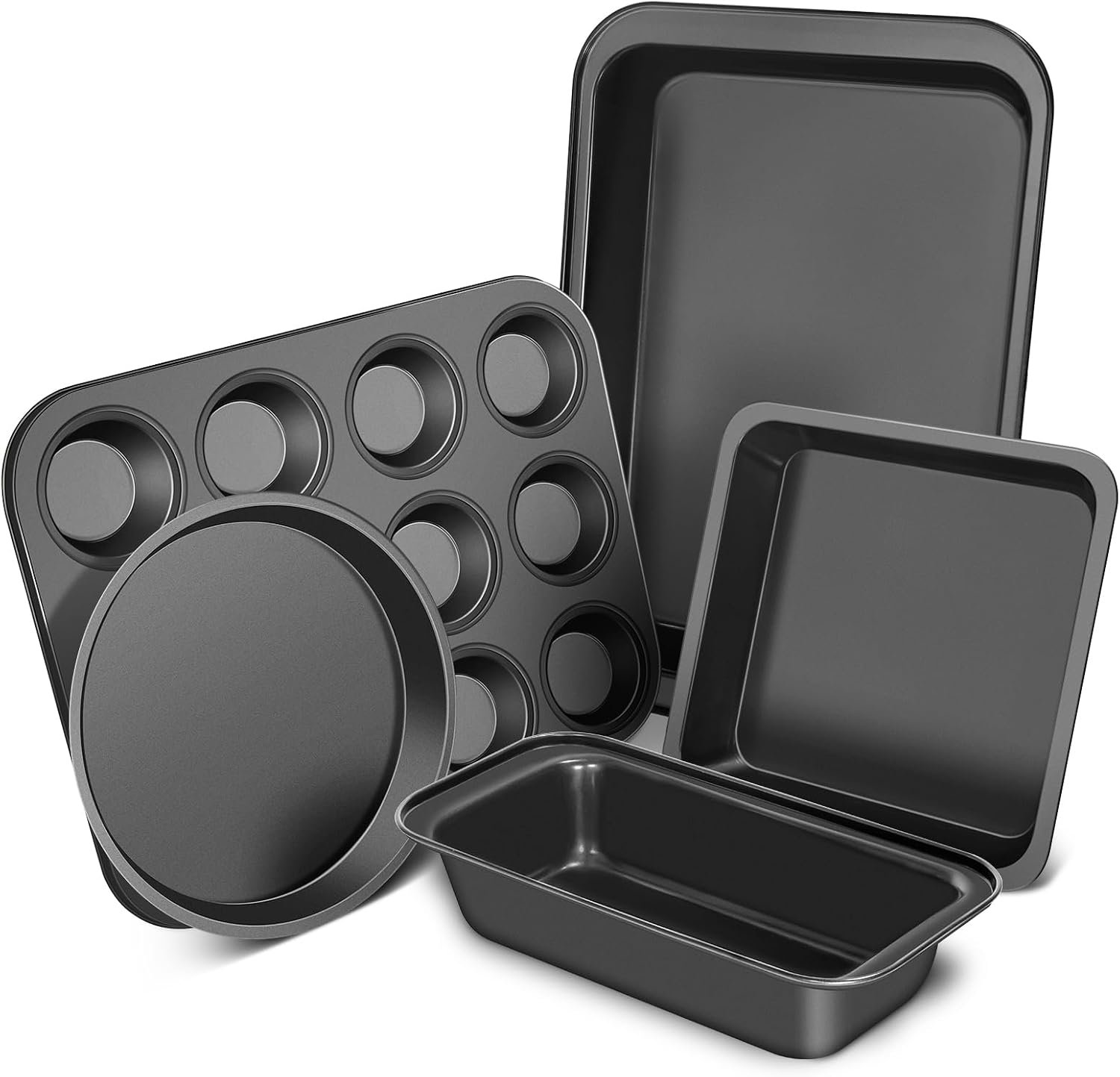 CasaCulina Baking Pans Set, 5-Piece Nonstick Bakeware Sets, Black | Kitchen Cookware Sets Baking Supplies with Round/Square Cake Pan, Muffin Loaf Roast Pan, Baking Sheets for Oven, Black