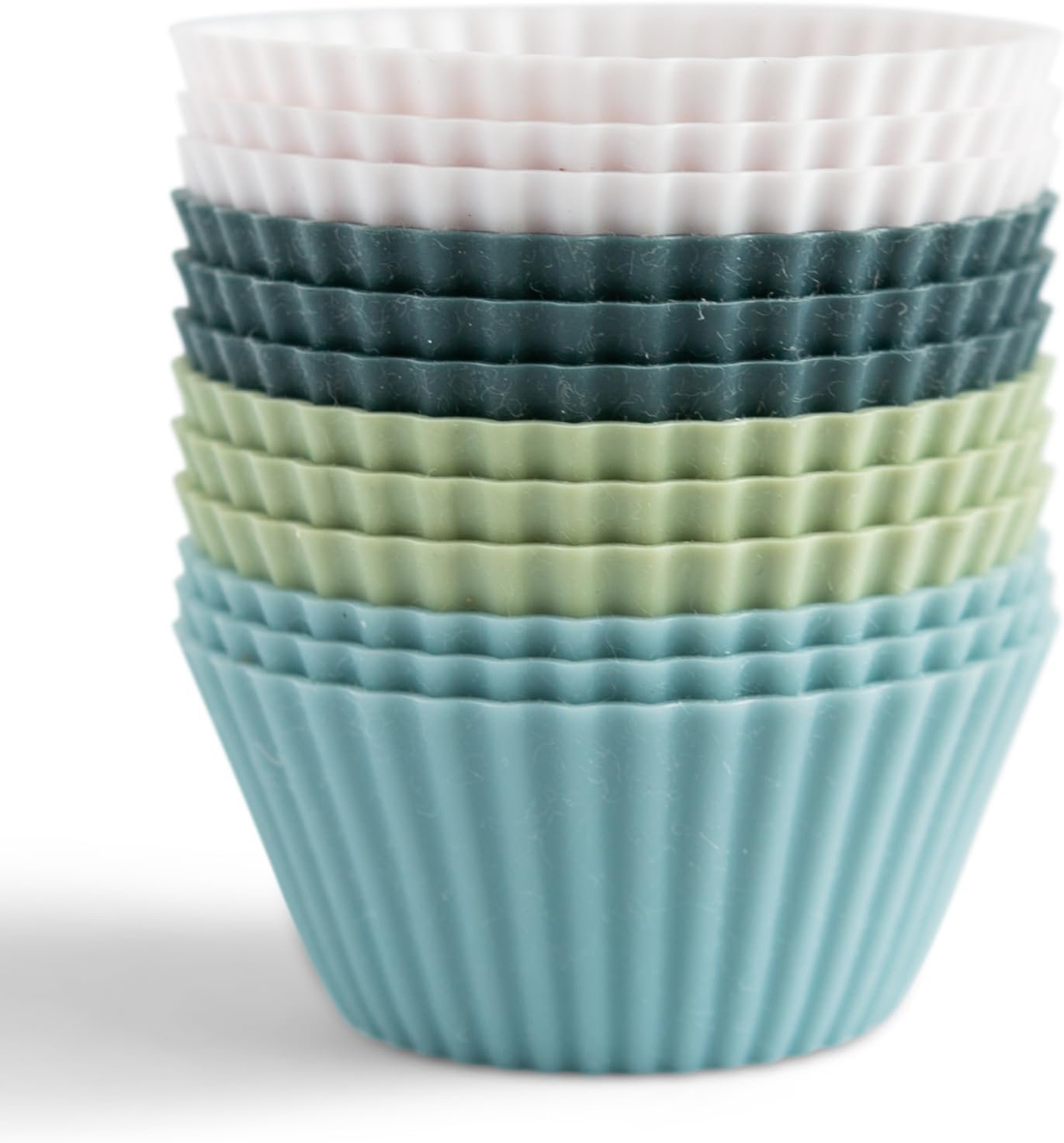 Reusable Silicone Baking Cup Silicone Muffin Liners for Cupcakes, BPA Free, Regular, 12 Pack, White Blue Green