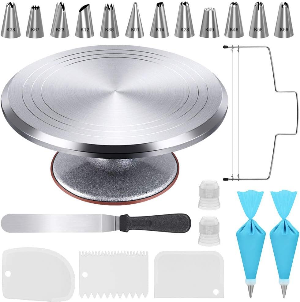 Kootek 22 Aluminum Cake Stand Turntable Set for Decorating Baking Kit, 12″ | Beginner-friendly, Baking Supplies Tools with Cake Stand Turntable for Decorating and Display, 3 Icing Scrapers, Cake Leveler