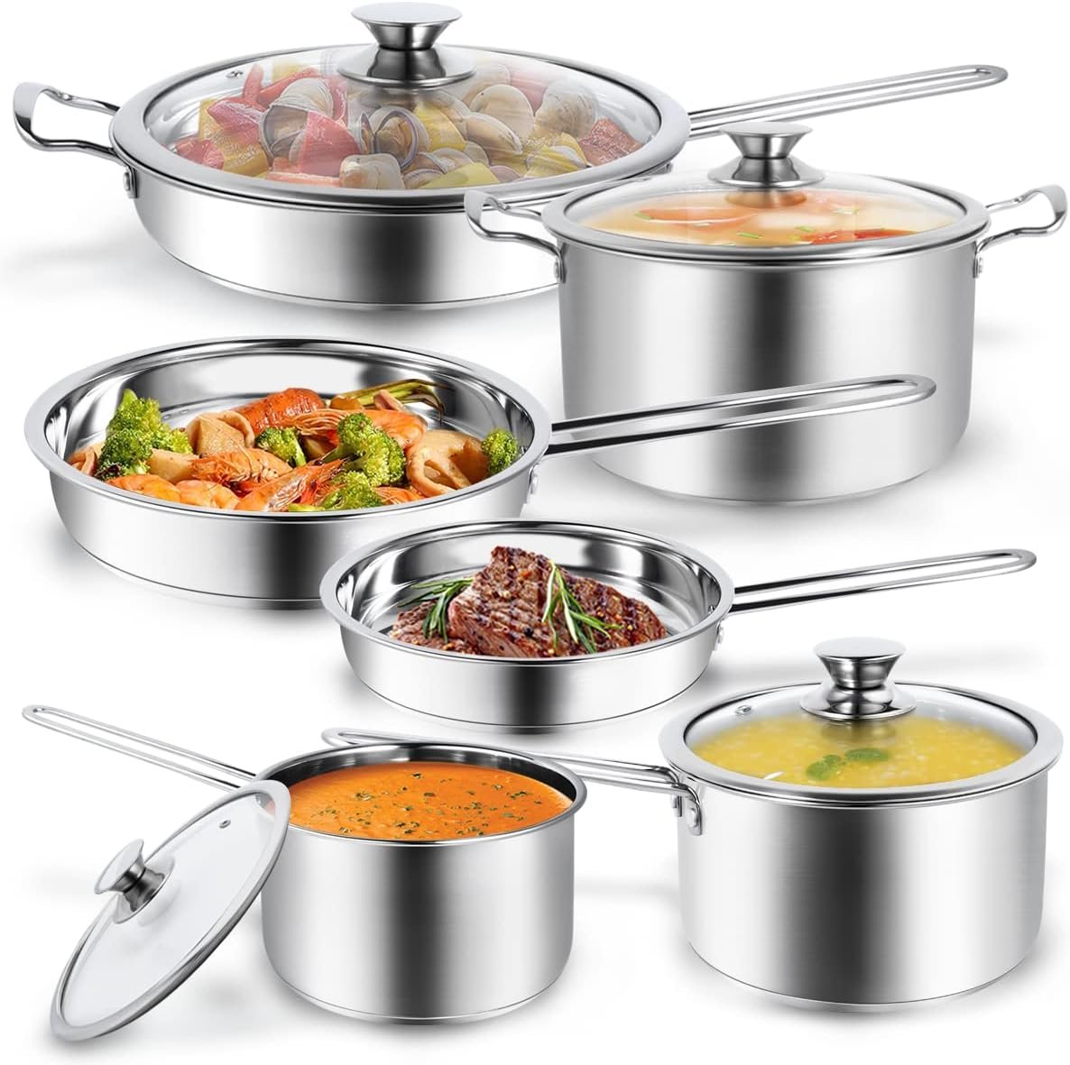 10-Piece Pots and Pans Set, Stainless Steel Cookware Set- Includes Ergonomic Handle Saucepans, Skillets, Dutch Oven, Stockpot, Steamer & More – Premium Pots and Pans for Home Chefs