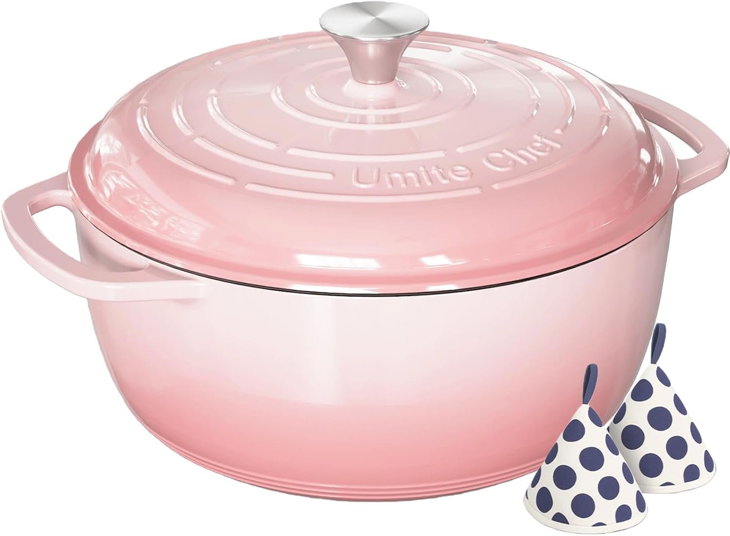 Umite Chef 6QT Enameled Cast Iron Dutch Oven with Lid, Versatile Heavy-Duty Cookware Pot for Baking Bread, Braising, Soups & Stews, Oven & Stovetop Safe with Heat Resistant Gloves(Pink)