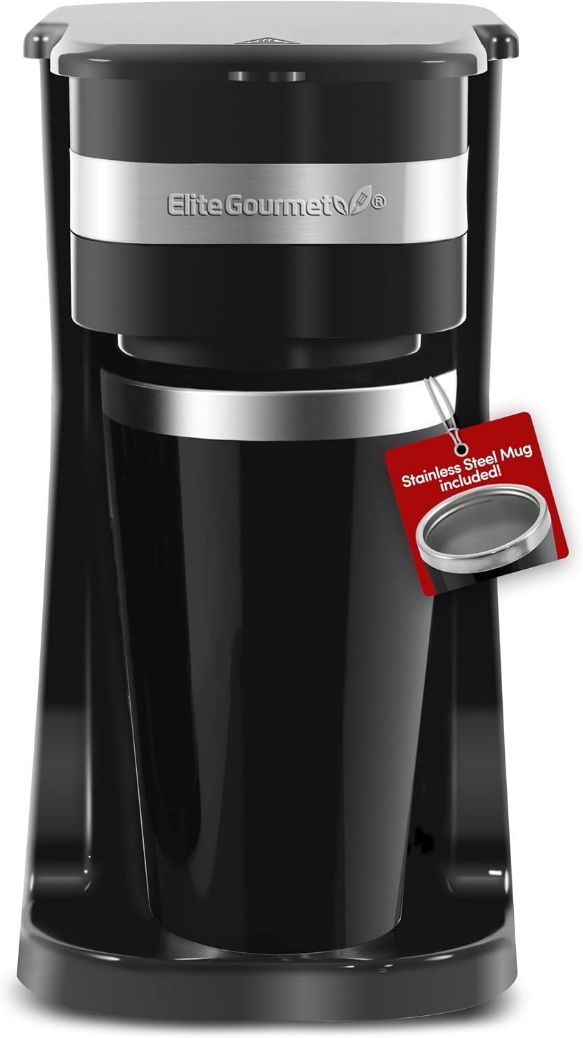 Elite Gourmet EHC113 Personal Single-Serve Compact Coffee Maker, Black | Includes 14oz stainless steel interior thermal travel mug, reusable filter – compatible with coffee grounds