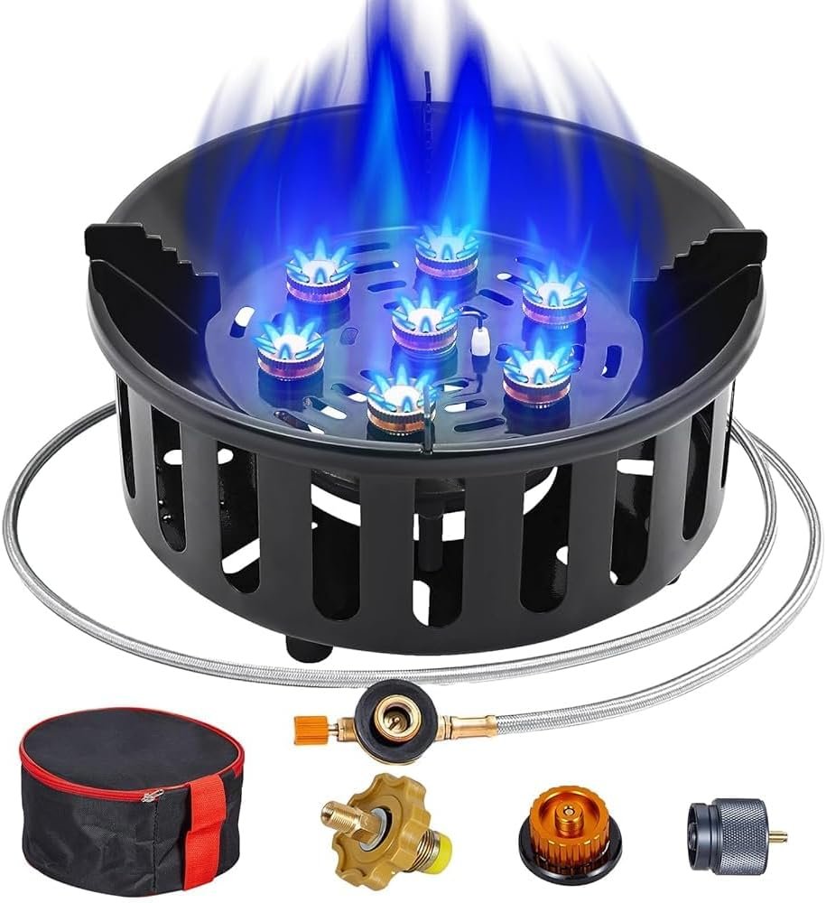 BESTFIRE 72000 BTU Portable Propane Camping Stove w/3 Adapters & 4ft Hose | High Efficiency Multi-flame Burner, Wind Shield Surround Design, Foldable Lightweight Carry Bag, Stable Anti-slip Pot Support