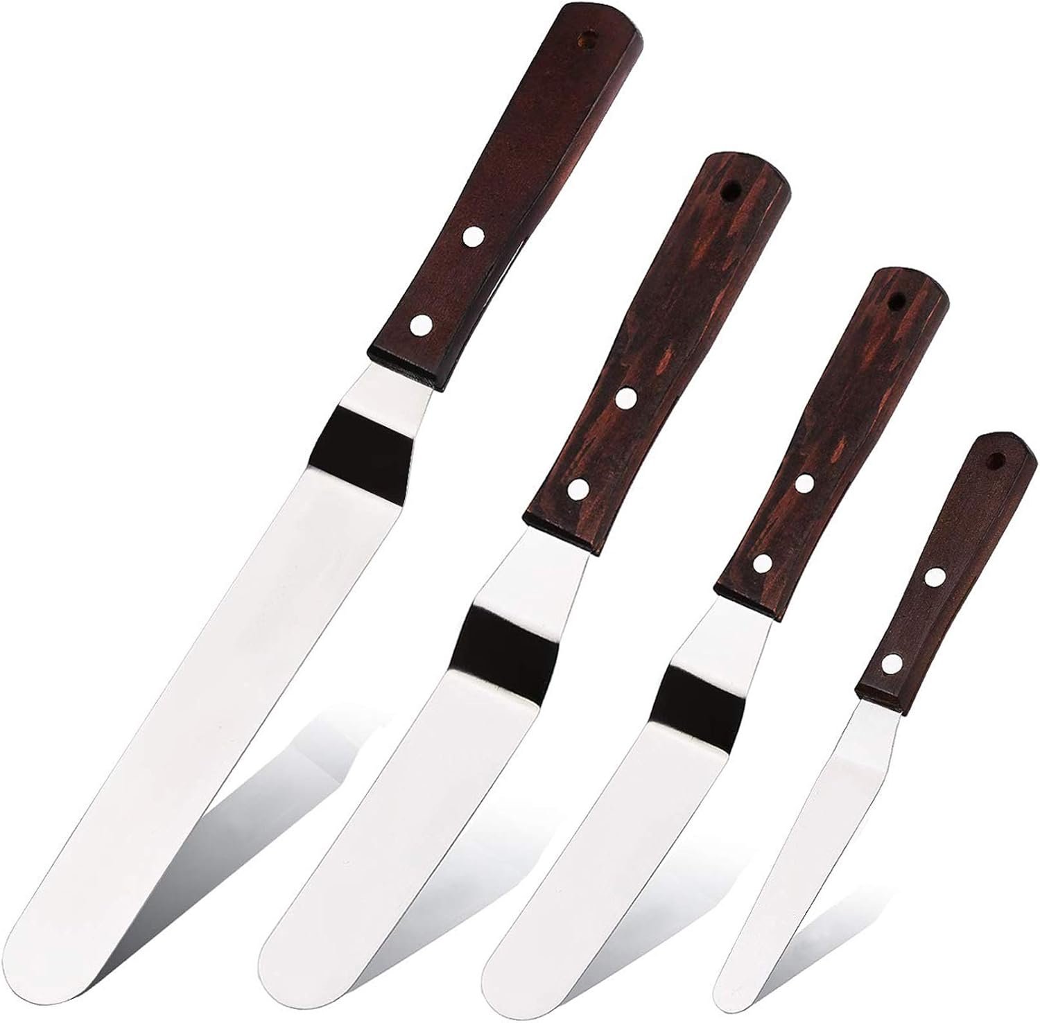 4PCS Offset Cake Icing Spatula Set 4” 6” 8” 10” with Wooden Handle | Professional Stainless Steel Cake Decorating Frosting Spatulas with Wooden Handle (Angled)