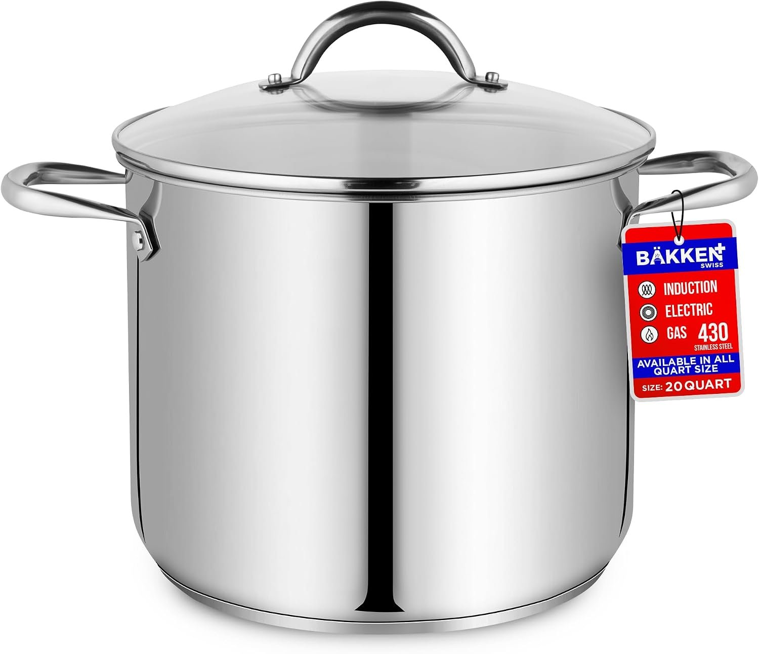 Stainless Steel Stockpot with Tempered Glass Lid 20 Quart, Durable 18/0 Stainless Steel, Impact-Bonded Base for Even Heating, Riveted Handles, Oven & All Stove Compatible, Safe Up To 500°F (260°C)