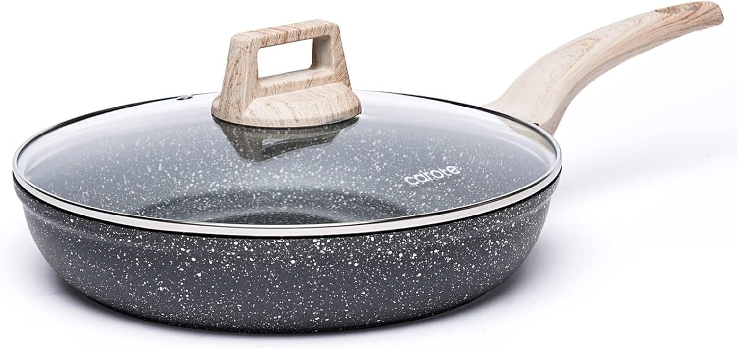 CAROTE Non Stick Frying Pan, 10 Inch Classic Granite Skillet with Glass Lid | Healthty Non Toxic Kitchen Stone Cookware, Compatible with All Stovetop, Easy to Clean, PFOA Free