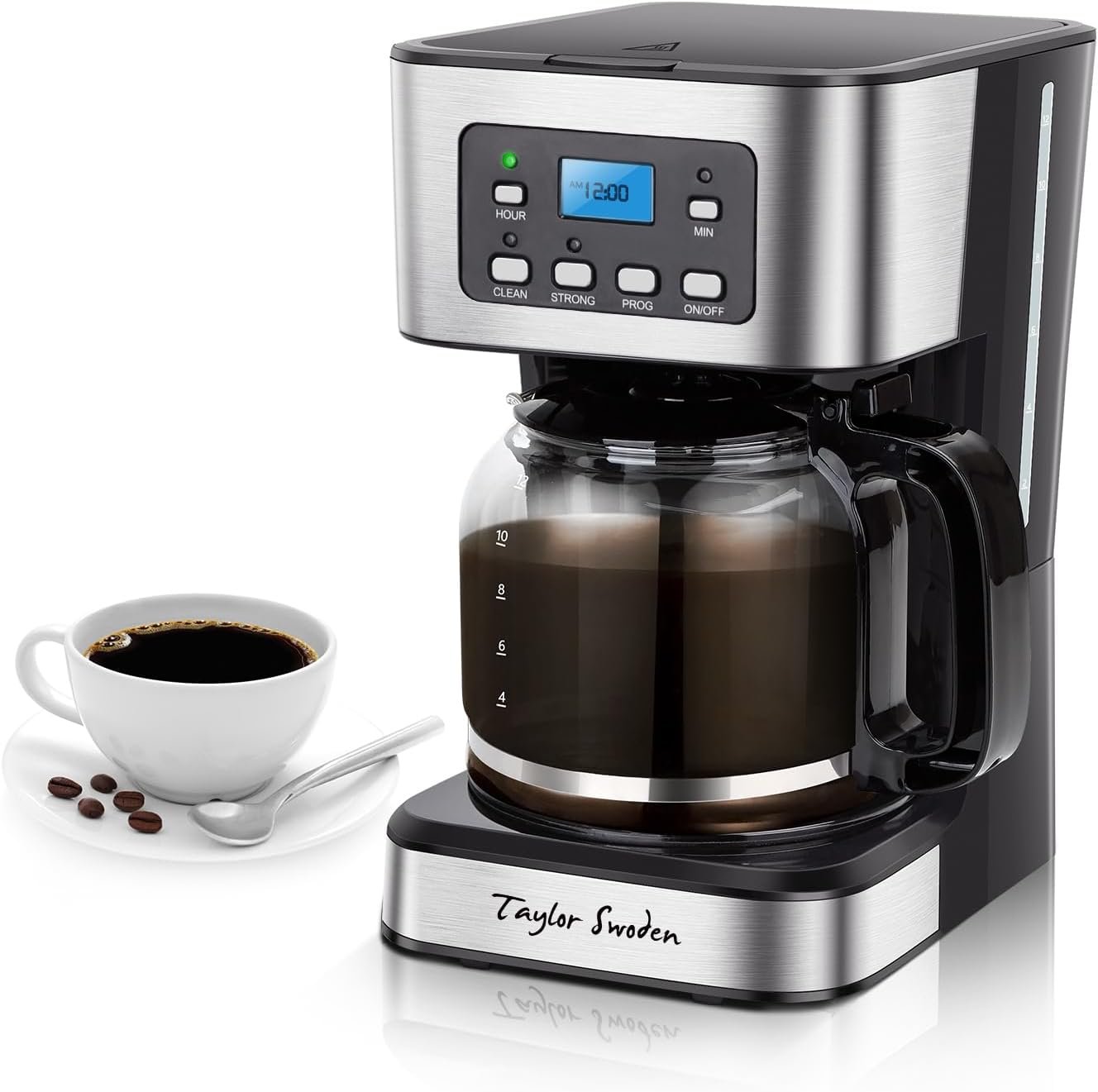 Taylor Swoden 12-Cup Programmable Coffee Maker, Black & Stainless Steel | Regular & Strong Brew Drip Coffee Machine for Home and Office, 24H Timer, Glass Carafe, Pause & Serve, Auto Shut Off
