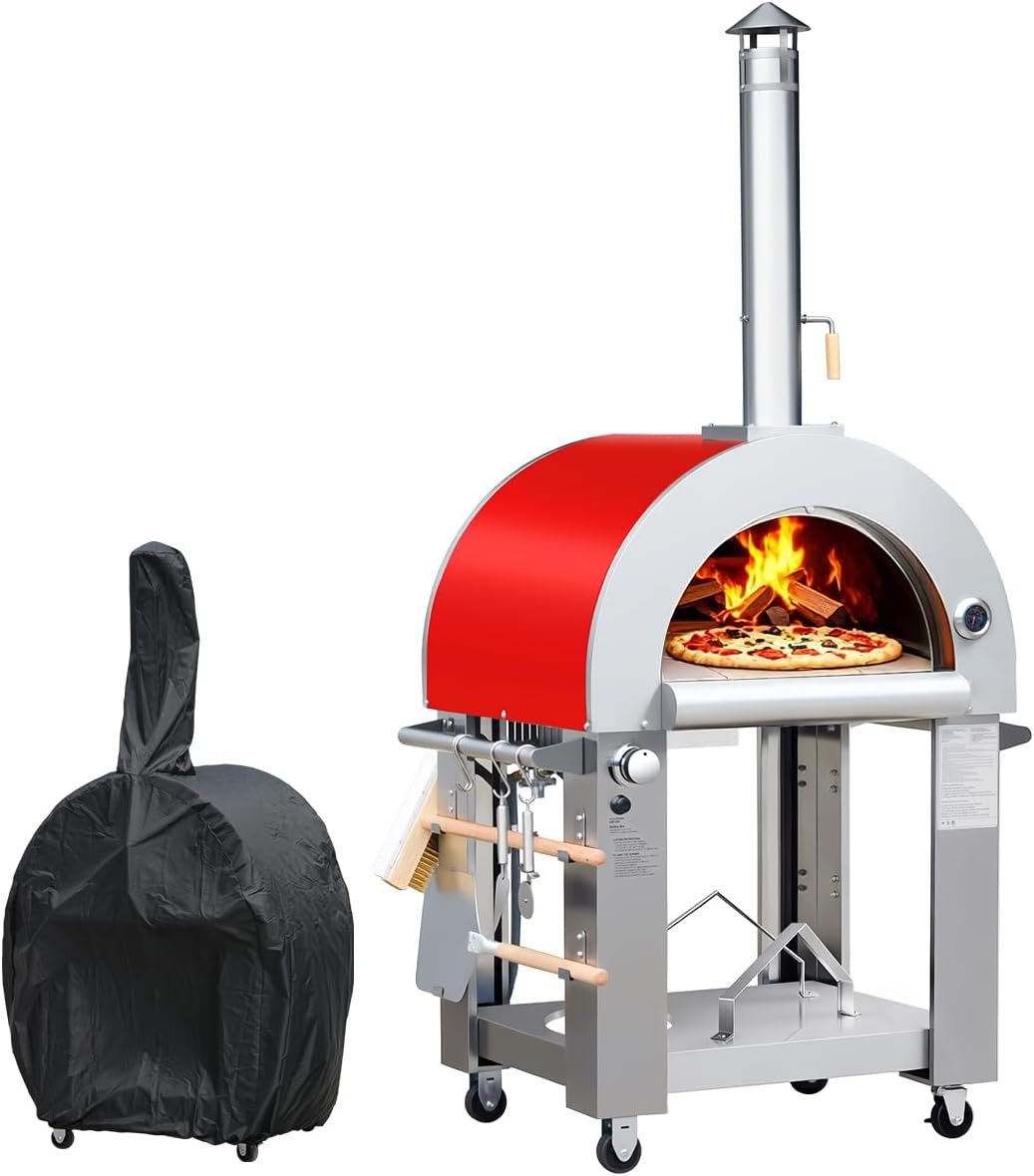 32.5″ Dual Fuel Pizza Oven – Wood Fired or Propane Gas Fueled, Large Outdoor Oven with 4 Casters, 8 pcs Pizza Stones for BBQ, Grilling, 430 Stainless Steel Pizza Oven for Backyard, Camping and Party
