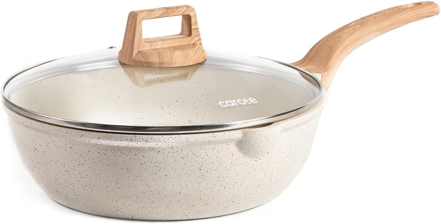 CAROTE 12 Inch Nonstick Deep Frying Pan with Lid, 5.5 Qt White Granite | Kitchen Non-Toxic PFOA Free Cookware, Covered Sauté Pan All Stovetops Compatible, Easy to Clean