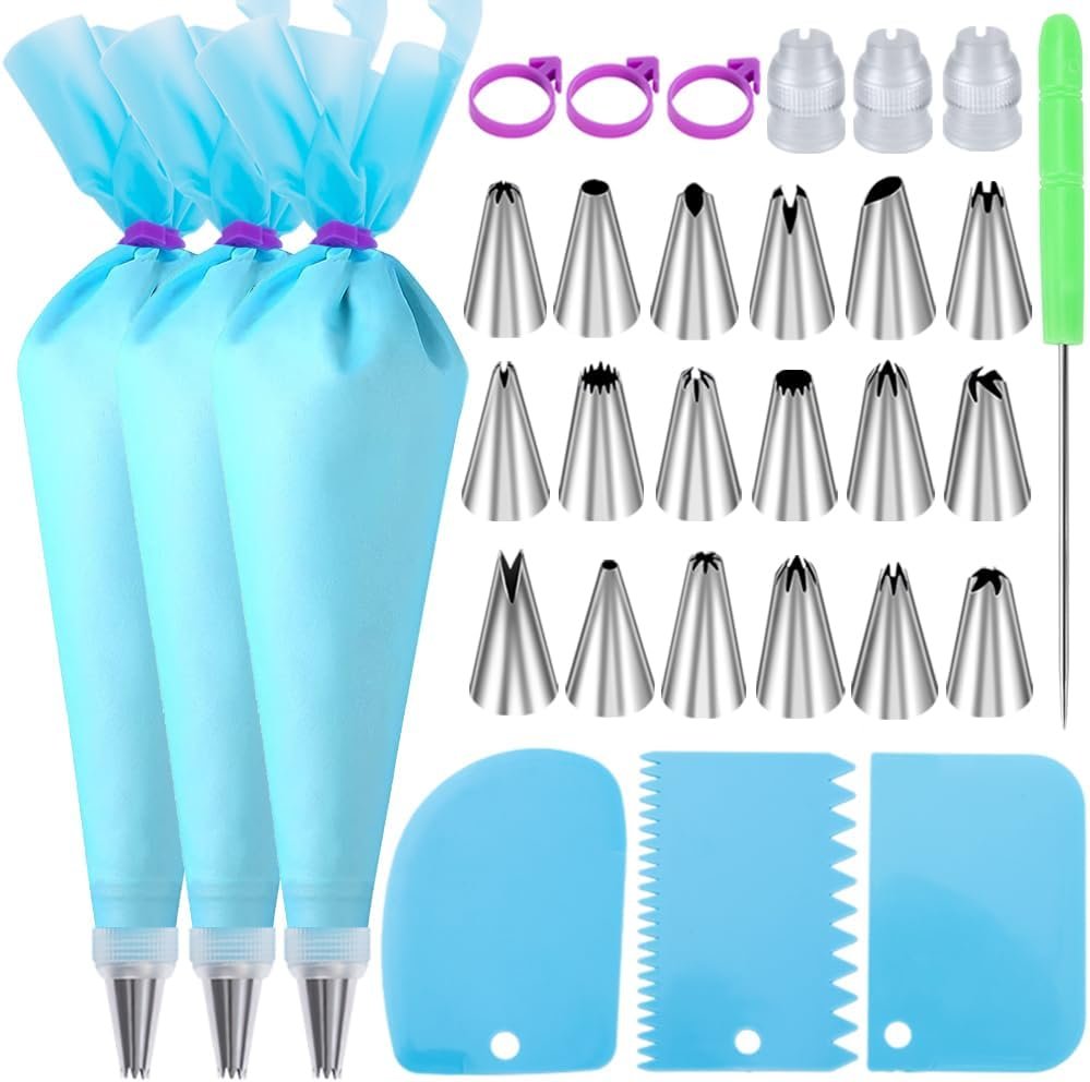 Piping Bags and Tips Set, Cakes Decorating Kit Reusable, Pastry Bags | 3 Reusable Pastry Bags, 18 Frosting Tips, 3 Couplers, 3 Bag Ties, 3 Cake Scraper, 1 Cake Decorating Tools for Cookie Icing