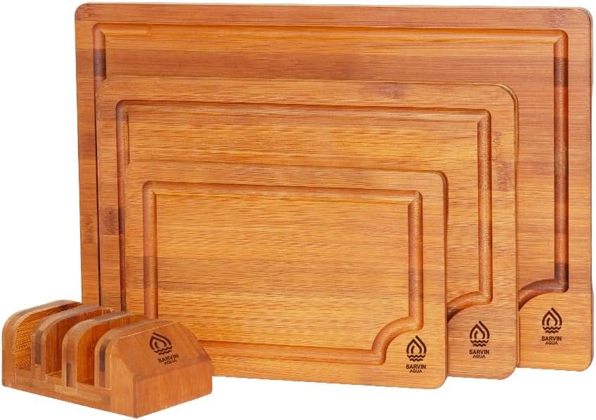 Bamboo Cutting Board Set of 3, Wooden Cutting Boards for Kitchen with Holder for Countertops, Solid Thick Wood Chopping Boards with Juice Grooves and Non Slip Feet for Chopping Meat Vegetables Fruits