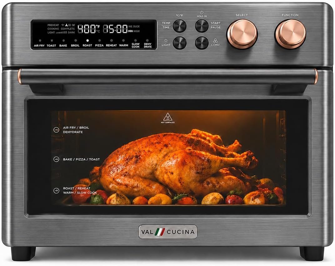 VAL CUCINA Infrared Heating 26.3 QT Air Fryer Toaster Oven, Large Countertop Convection Oven 10-in-1 Combo, 6-Slice Toast, Enamel Baking Pan Easy Clean with Recipe Book, Black Matte Stainless Steel