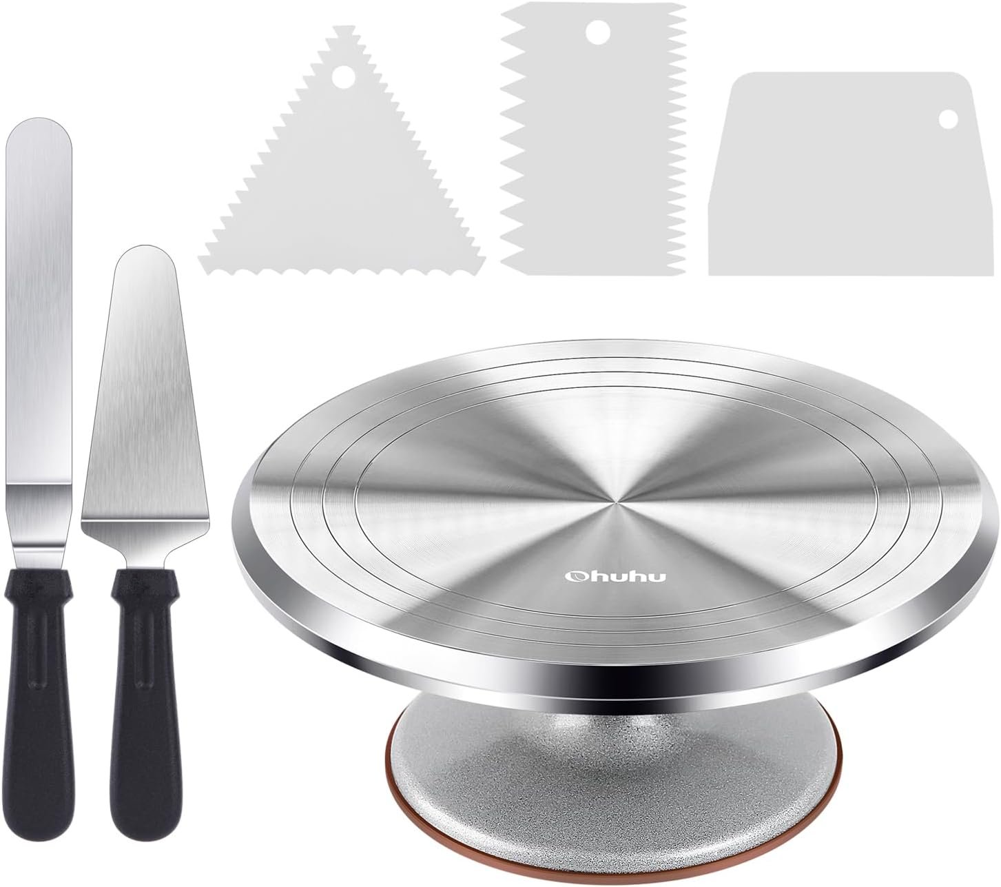 Cake Turntable, Ohuhu Aluminium 12” Cake Decorating Kit Supplies Rotating Stand Revolving Spinner with 2 Icing Spatula 3 Comb Smoother