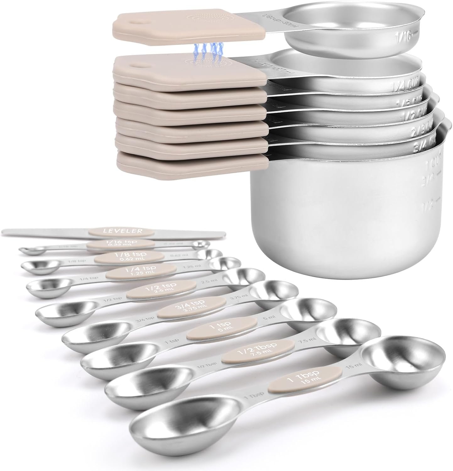 HOUJIP Magnetic Measuring Cups and Spoons Set-304 Stainless Steel,Khaki | Double Measurement Markings,BPA-Free,Set of 16 with Leveler for Measuring Dry and Liquid Ingredients
